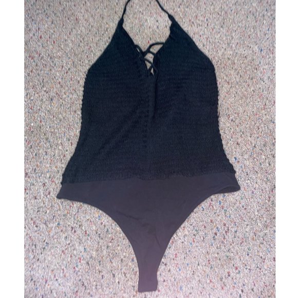 Guess Black Knit Bodysuit Size Small; worn one or two times. V-neck, with lace u - Picture 2 of 5